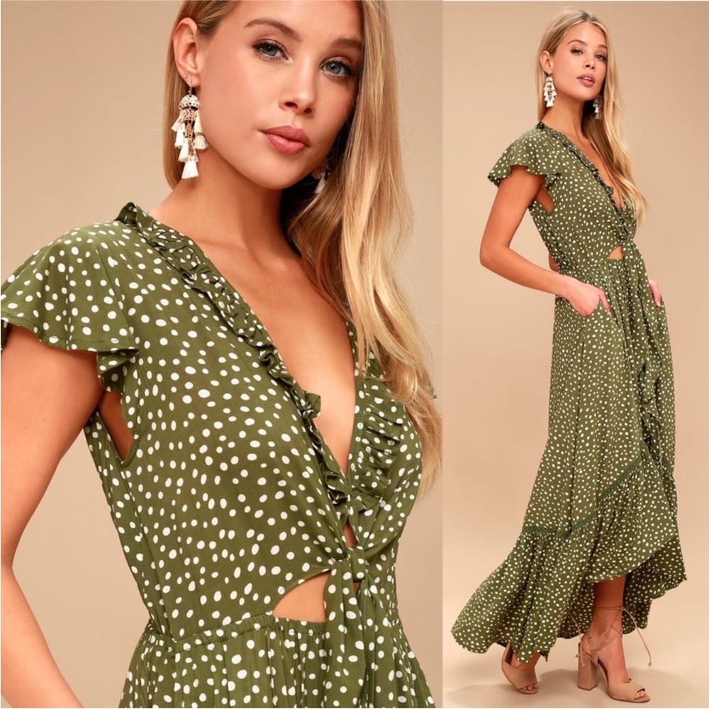Kivari Capri Spot Tie Up Green White Polka Dot Ruffled High Low Midi Dress Small